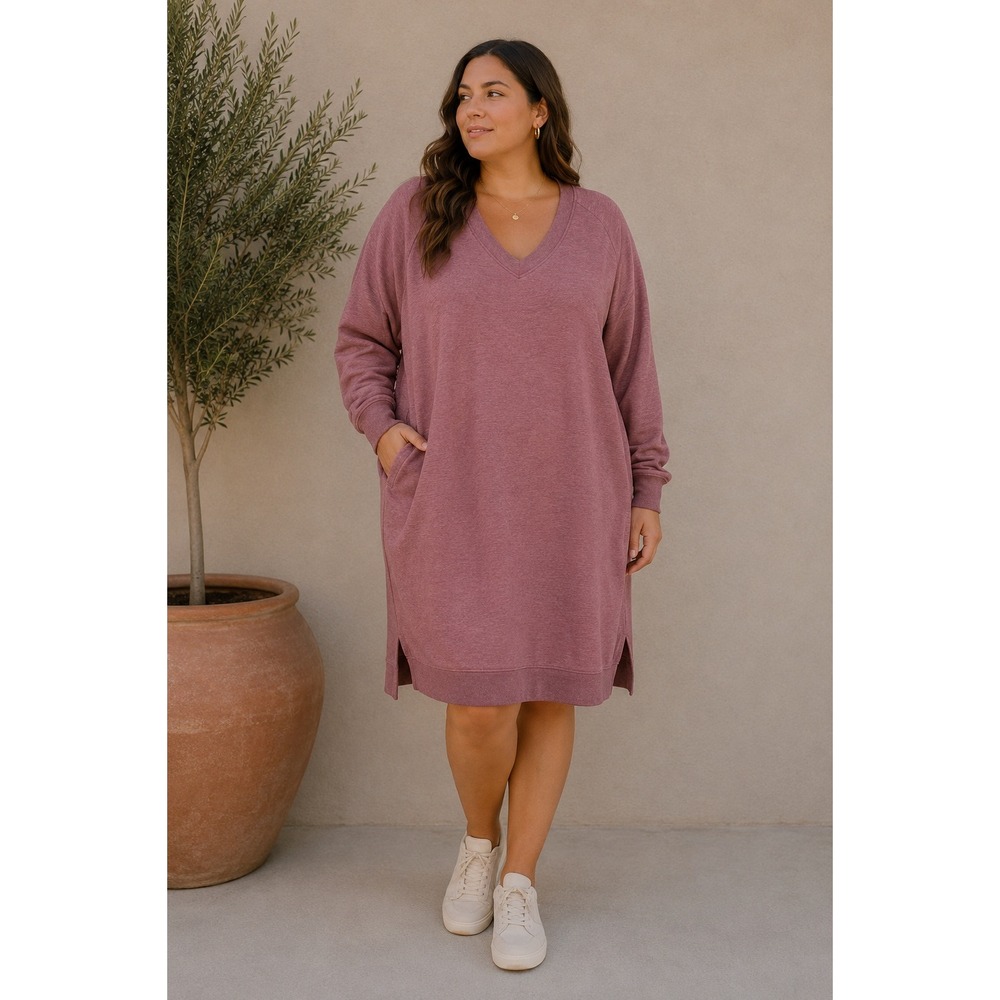 NEW Terra & Sky Sweatshirt Dress Women 3X Pink V-Neck Long Sleeve Pockets - Picture 1 of 10